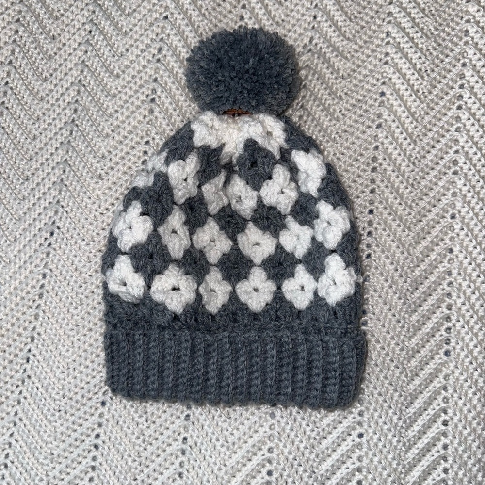 Grey and White Women’s Hand Crocheted Winter Beanie with Pom Pom- new